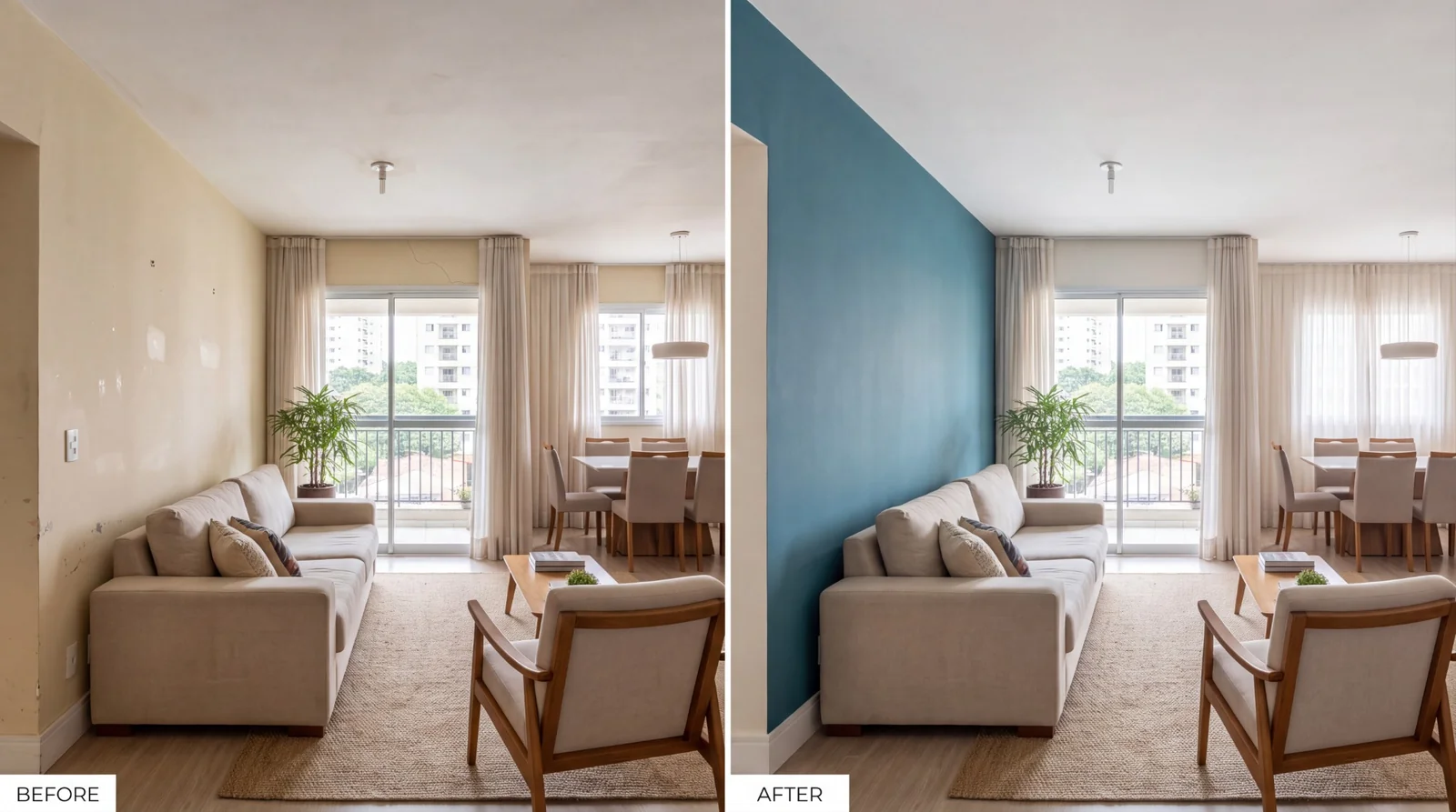 Exemplo ilustrativo do mesmo apartamento com parede clara e uma opção em azul